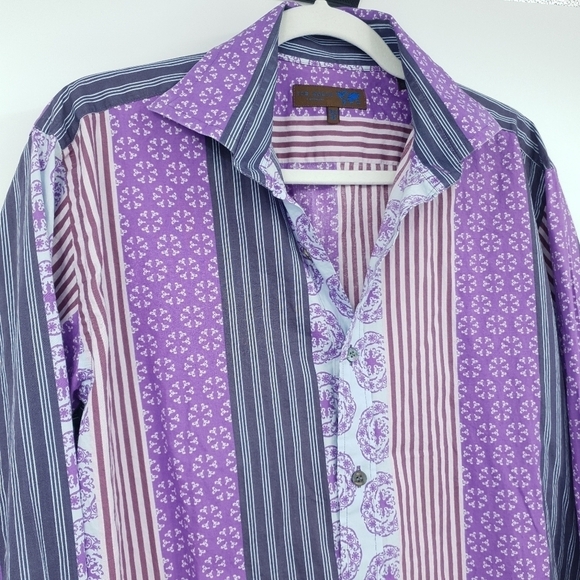 Ted Baker London Purple Striped Mixed Print Collared Button Up Shirt Men's 42 - Picture 3 of 11